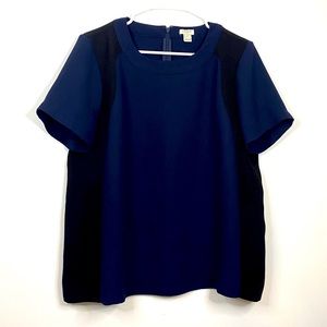 J.CREW FACTORY Navy Blue Black Color Block Slimming Short Sleeve Flowy Blouse